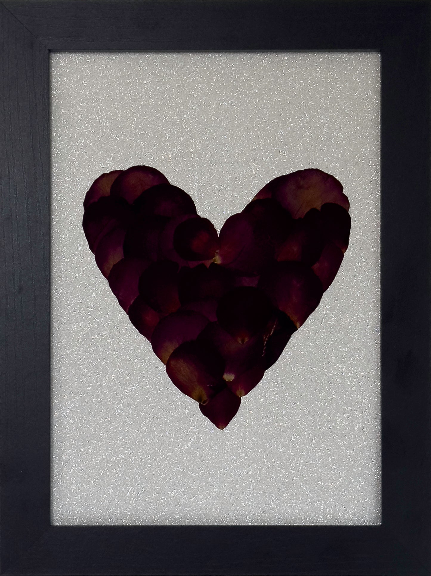 Real Pressed Rose Petal Red Heart - Framed A4 - Silver Glitter Background